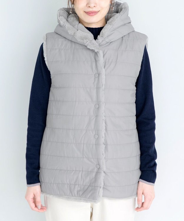 Tiaclasse 【2WAY】着回し自由のリバーシブルキルトフェイクファーベスト グレー