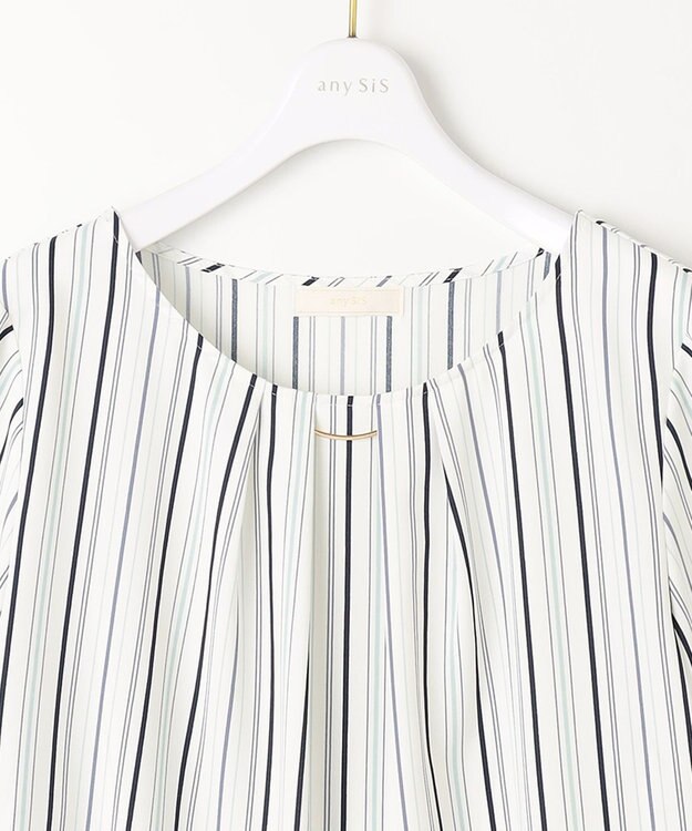 ANY SIS S 【洗える】ラッフルフレアジョーゼット ブラウス ネイビーストライプ