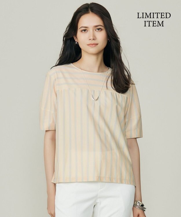 自由区 S 【WEB限定・洗える】ストライプハイゲージジャージー カットソー ベージュ