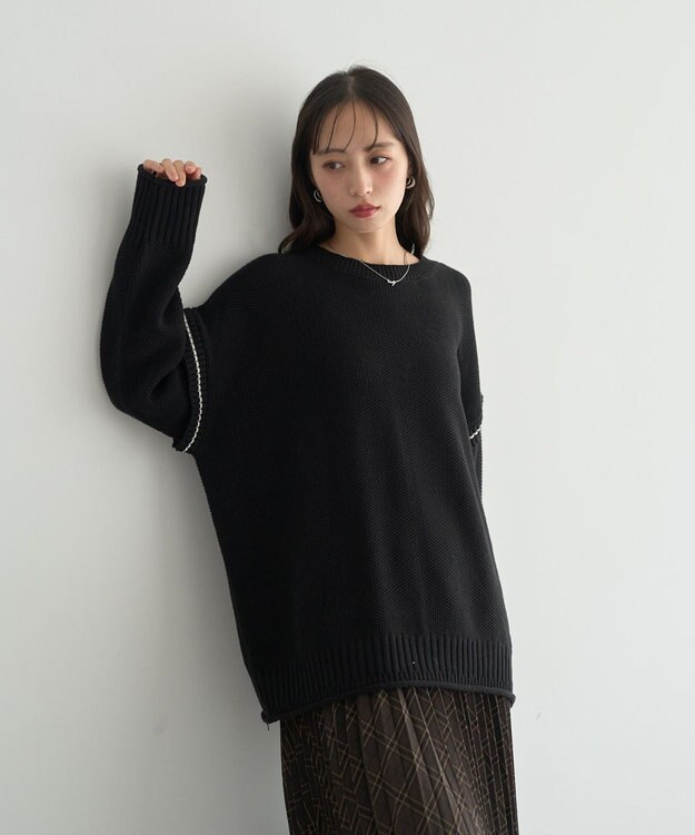 earth music&ecology 【洗濯機洗い可 / 選べる丈】アンチピリングC/A選べる丈配色ニット ブラック