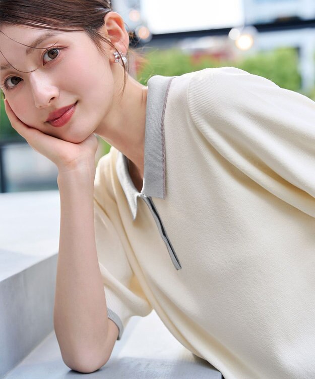 Tiaclasse L 配色ニットポロトップス アイボリー