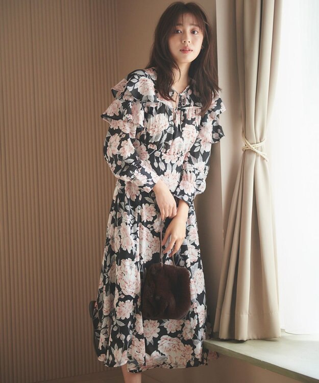 Feroux 【洗える】フラワープリント ワンピース ブラック系9