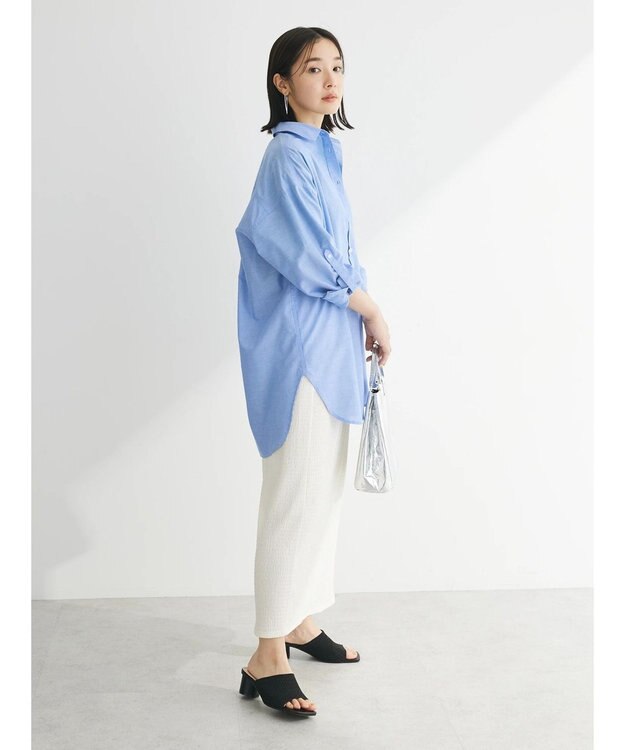 Green Parks 綿麻混タブ付オーバーサイズシャツチュニック Sax