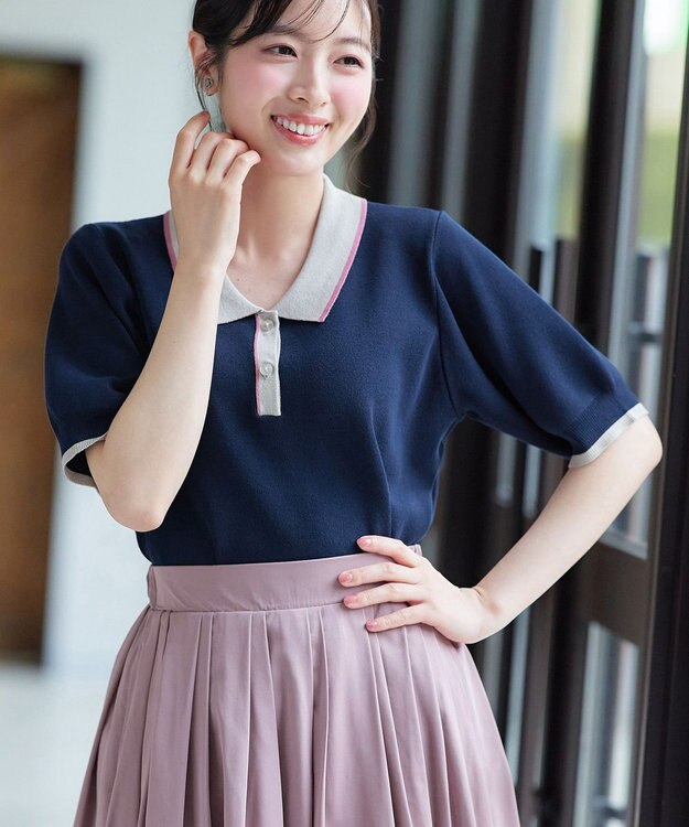 Tiaclasse L 配色ニットポロトップス ネイビー
