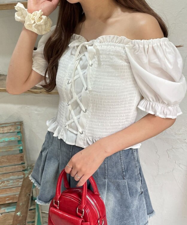 WEGO レースアップシャーリングブラウス ホワイト