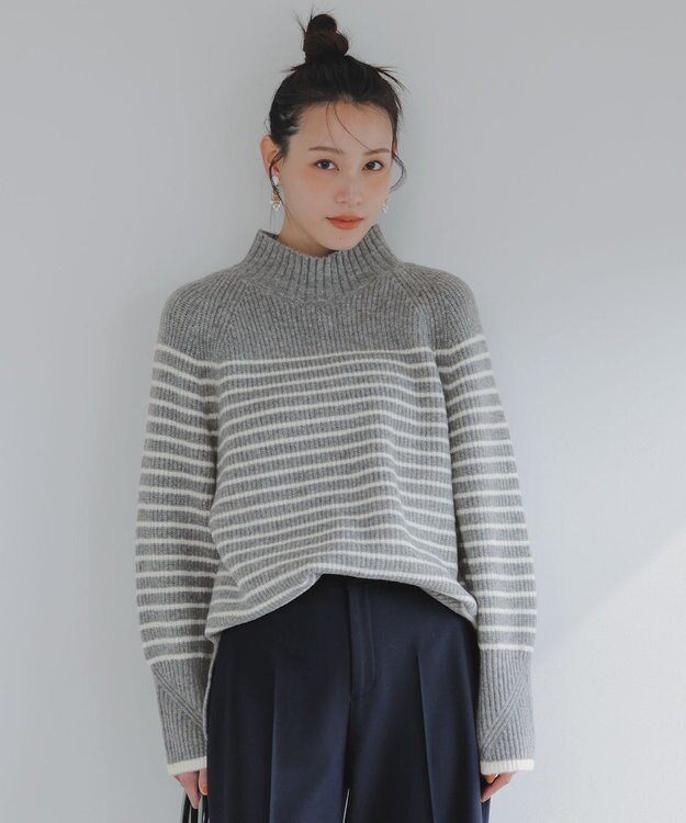 ANY SIS L ハイネックAir ニット ライトグレー×アイボリー