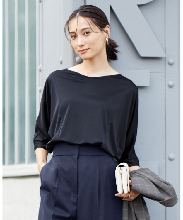 ICB 【洗える】トリアセサテンスムース 7分袖プルオーバー ネイビー系