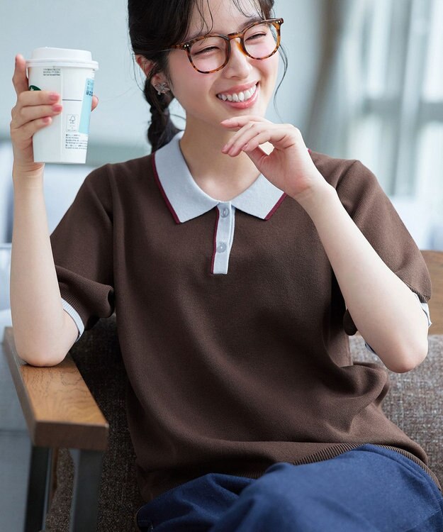 Tiaclasse L 配色ニットポロトップス ブラウン
