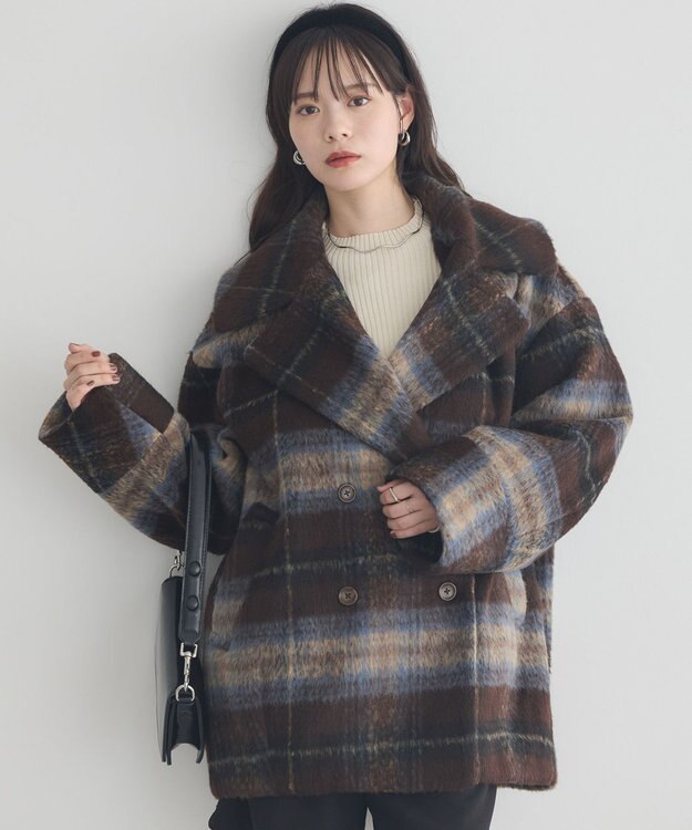 earth music&ecology チェックシャギーコート Check Brown