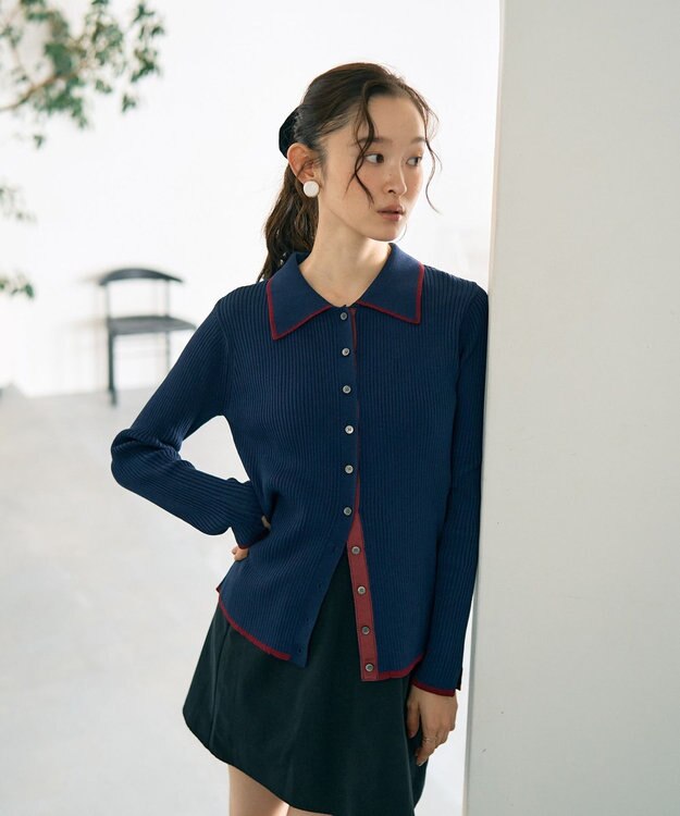 earth music&ecology バイカラートリムロングニットカーディガン Navy