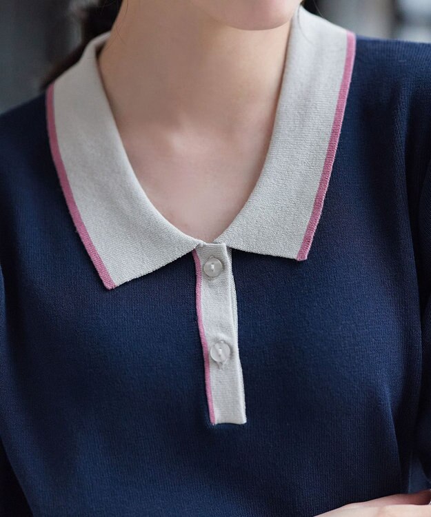 Tiaclasse L 配色ニットポロトップス ネイビー