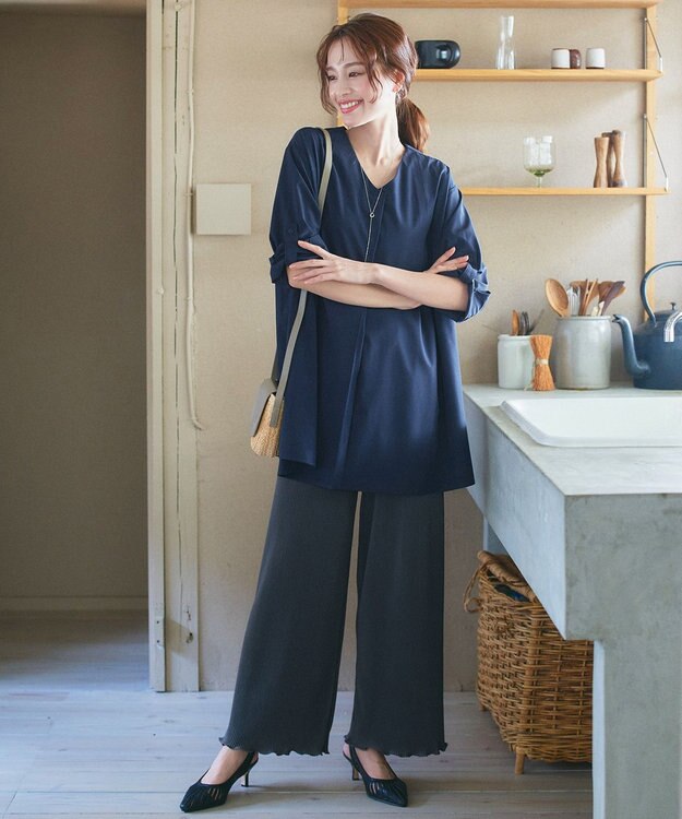 Tiaclasse L 【洗える】ストレッチタフタタックチュニックブラウス ネイビー