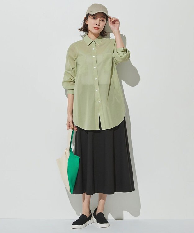 自由区 【洗える・ストレッチ素材】リネンヴィスコースストレッチ フレアスカート ブラック系