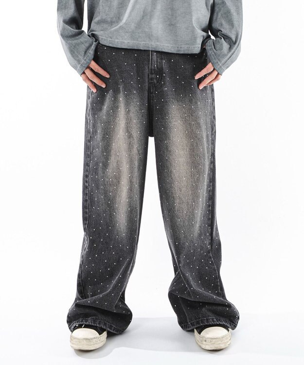 WEGO 【ユニセックス着用ITEM】スーパーバギーラインストーンデニムパンツ デニムブラックソノタ