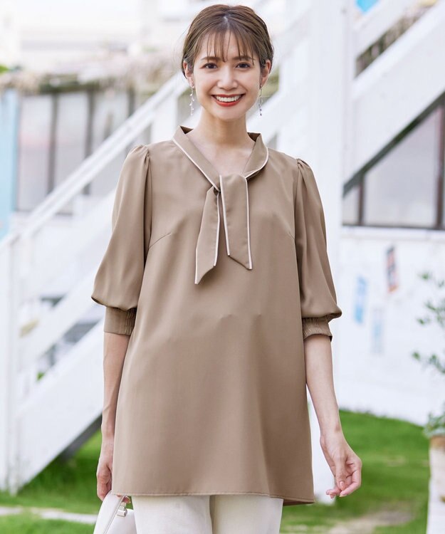 Tiaclasse L 【洗える】配色ボウタイパフ袖チュニックブラウス ベージュ