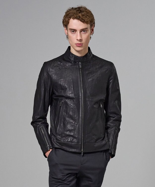 JOSEPH HOMME 【洗い加工】シュリンクエアレザー 　シングルライダースジャケット ブラック系