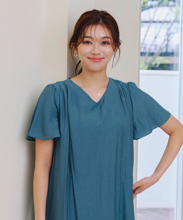 Tiaclasse 【洗える】 配色Aラインサックワンピース ターコイズ