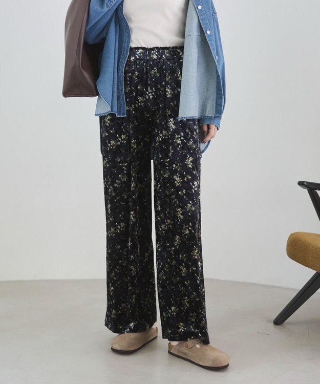 WEGO 【ANGIE VINTAGE】ベロア小花柄イージパンツ ネイビー
