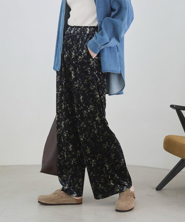 WEGO 【ANGIE VINTAGE】ベロア小花柄イージパンツ ネイビー