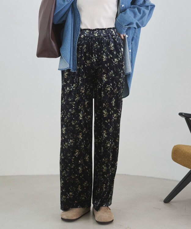 WEGO 【ANGIE VINTAGE】ベロア小花柄イージパンツ ネイビー
