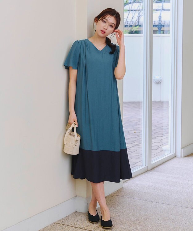 Tiaclasse 【洗える】 配色Aラインサックワンピース ターコイズ