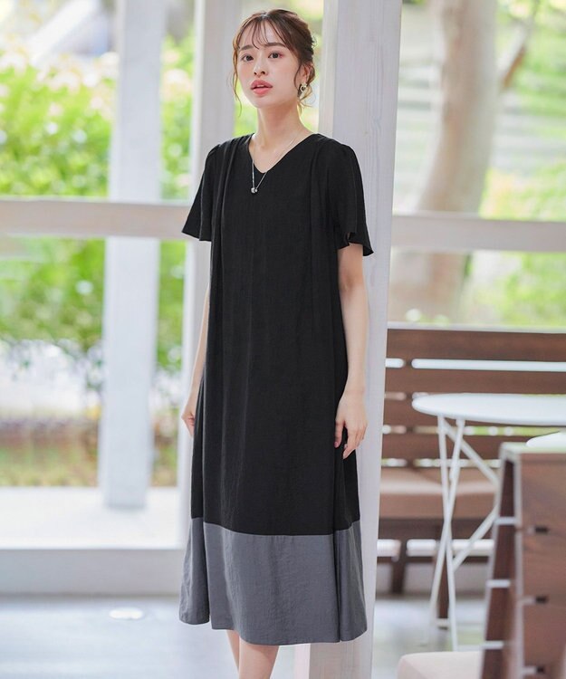Tiaclasse 【洗える】 配色Aラインサックワンピース ブラック