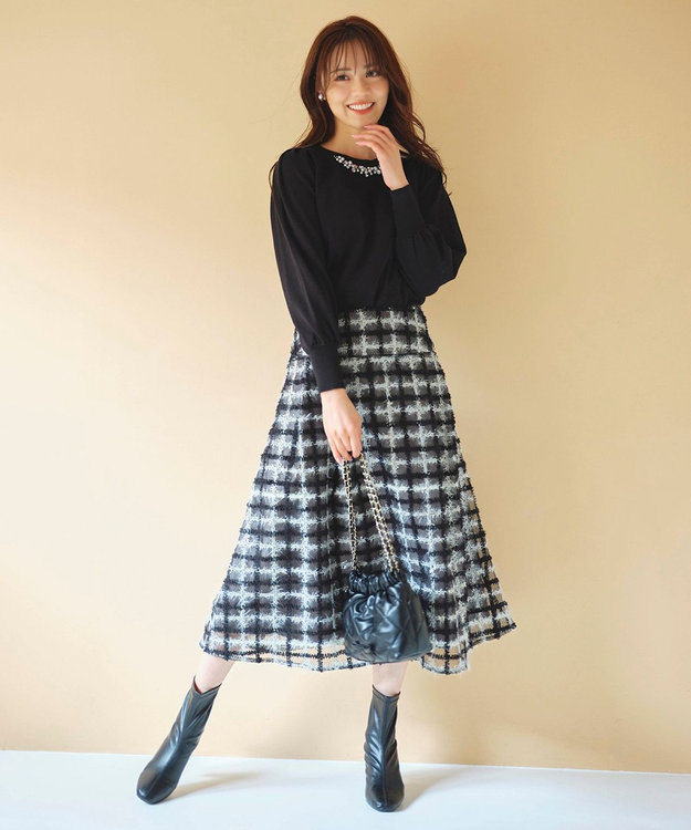 Feroux ラメチェック フレアスカート ブラック系