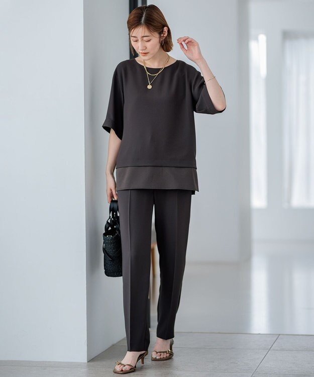 23区 【洗える】ストレッチジョーゼット ラウンドネック カットソー ダークブラウン系