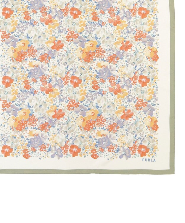 MOONBAT 【シルク100%】フルラ (FURLA) 花柄 シルクプリントスカーフ 65cm×65cm オリーブグリーン