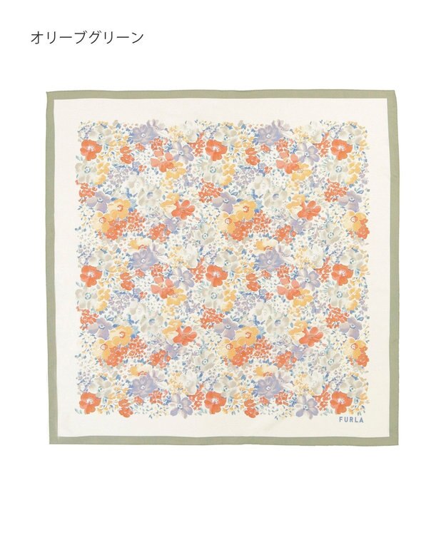 MOONBAT 【シルク100%】フルラ (FURLA) 花柄 シルクプリントスカーフ 65cm×65cm オリーブグリーン
