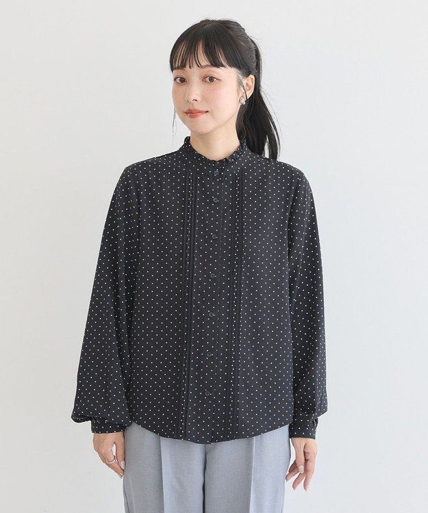 earth music&ecology フリルピンタックブラウス Dot Black
