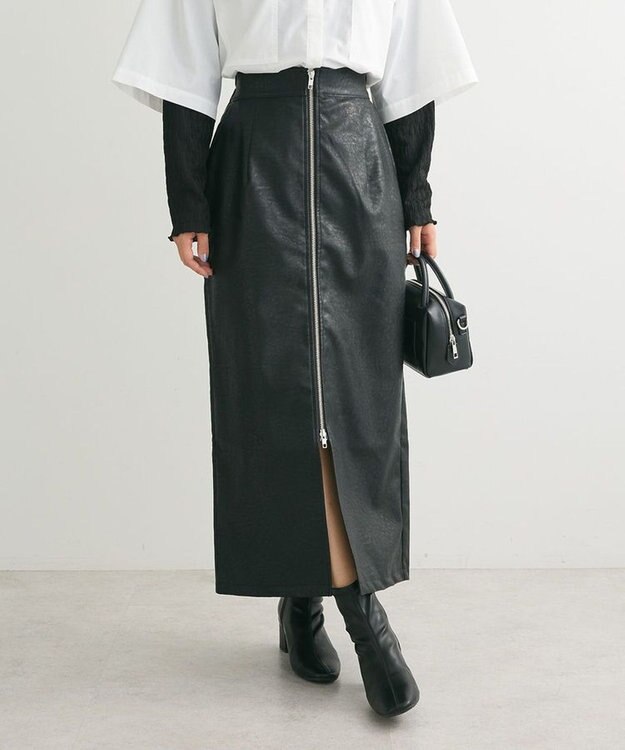 ・ELENCARE DUEフェイクレザーW-ZIPスカート ・ELENCARE DUEフェイクレザーW-ZIPスカート／グリーン