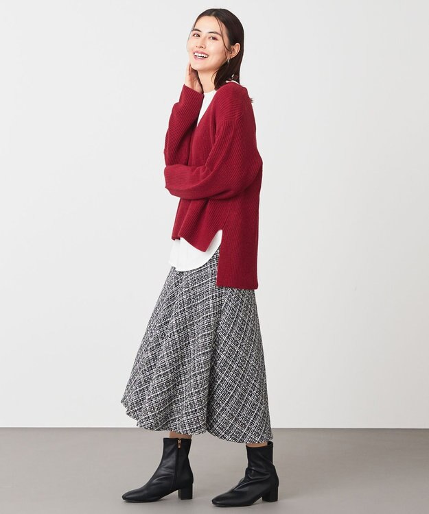 ANY ウールブレンドバルキーニット Vネック ボルドー