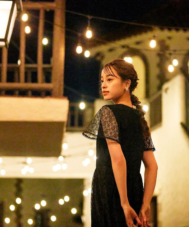 Tiaclasse L 【洗える】フレアスリーブ総レースワンピース ブラック