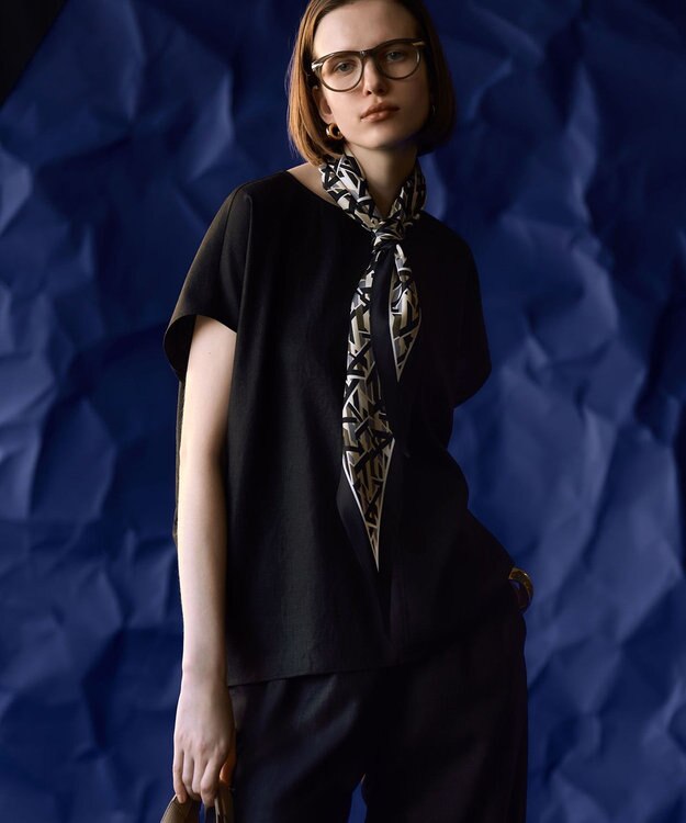 23区 L 【洗える】トリアセスラブストレッチ フレンチスリーブ ブラウス ブラック系