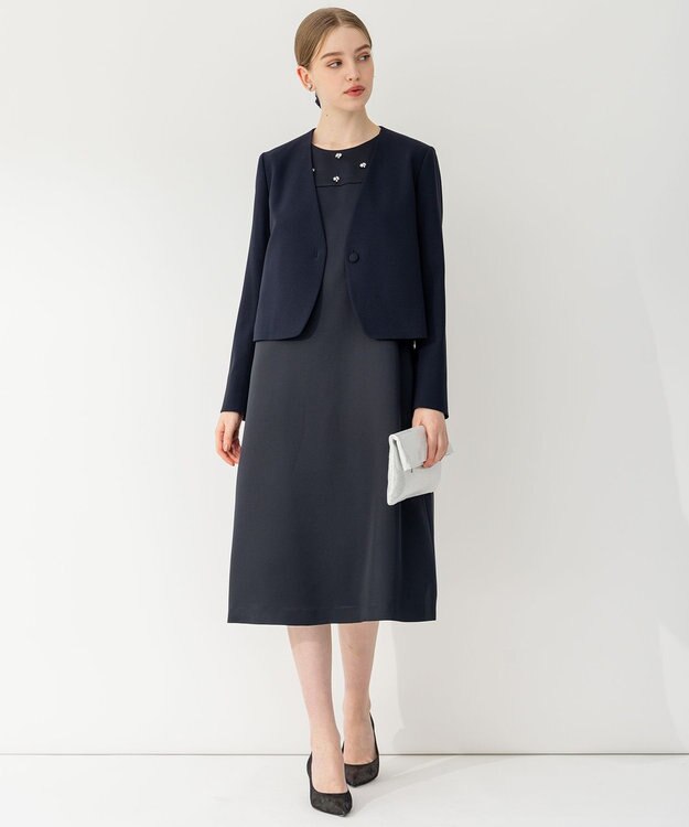 23区 【APPLAUDIR】ノーブルサテン ビジューデザインドレス ネイビー系