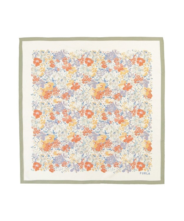 MOONBAT 【シルク100%】フルラ (FURLA) 花柄 シルクプリントスカーフ 65cm×65cm オリーブグリーン