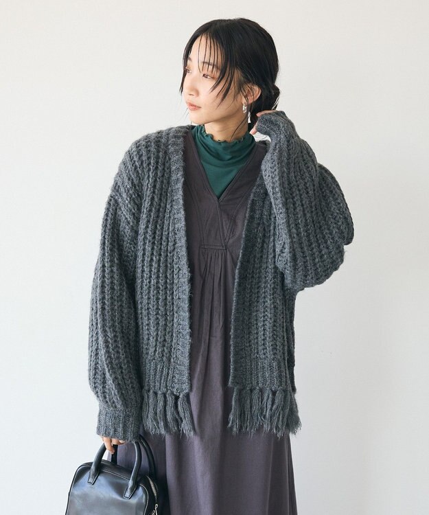 CRAFT STANDARD BOUTIQUE 洗える/フリンジニットカーディガン Charcoal Gray