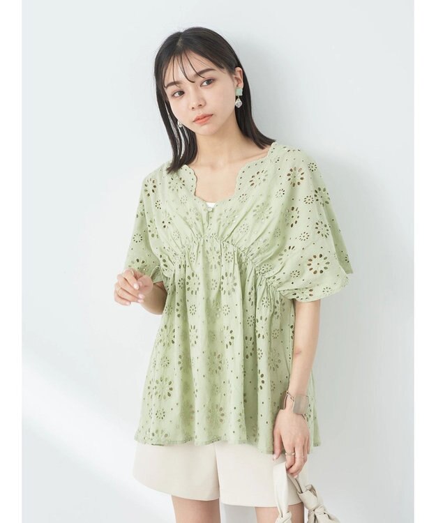 earth music&ecology コットンレースＶネックブラウス Off White