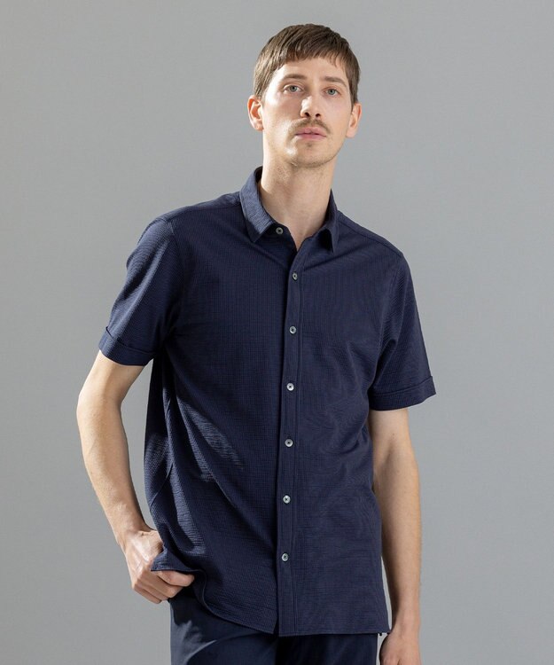 JOSEPH HOMME コンパクトサッカージャージー　レギュラーカラー半袖シャツ ネイビー系