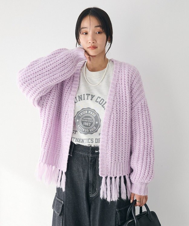 CRAFT STANDARD BOUTIQUE 洗える/フリンジニットカーディガン Purple