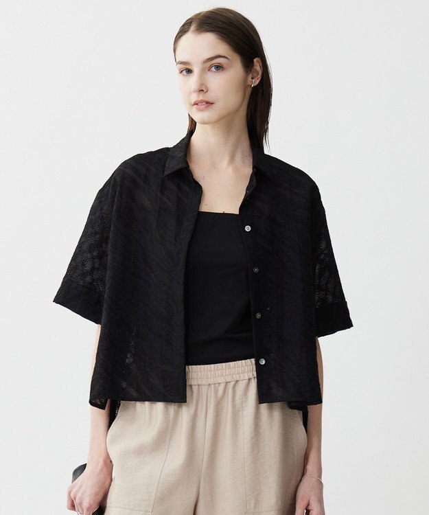 ICB L 【洗える】ゼブラシアーJQ クロップドシャツ ブラック系