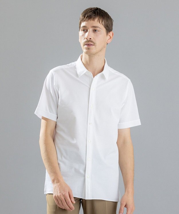 JOSEPH HOMME コンパクトサッカージャージー　レギュラーカラー半袖シャツ ホワイト系