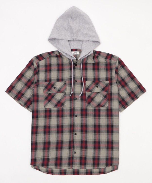 WEGO 【ユニセックス着用ITEM/MLサイズ展開】オンブレチェックフードシャツ（SS） レッドチェック1