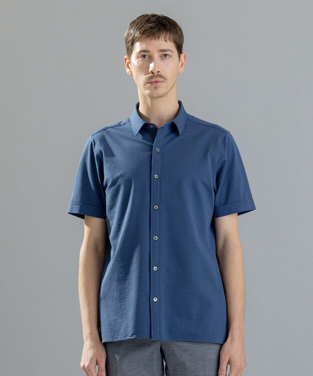 JOSEPH HOMME コンパクトサッカージャージー　レギュラーカラー半袖シャツ ダルブルー系