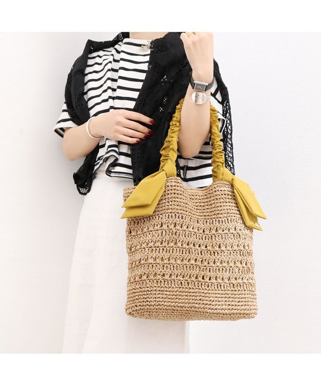 UNBILLION カシュカシュ cachecache / 下がりリボン柄編みトート カゴバッグ マスタード