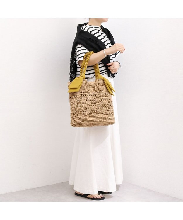 UNBILLION カシュカシュ cachecache / 下がりリボン柄編みトート カゴバッグ マスタード