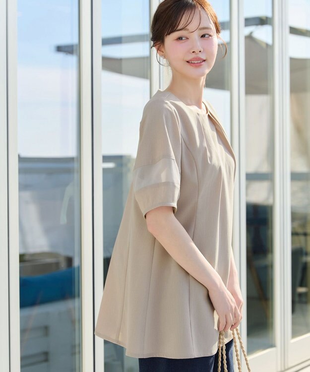 Tiaclasse シフォンランタンスリーブチュニック グレージュ