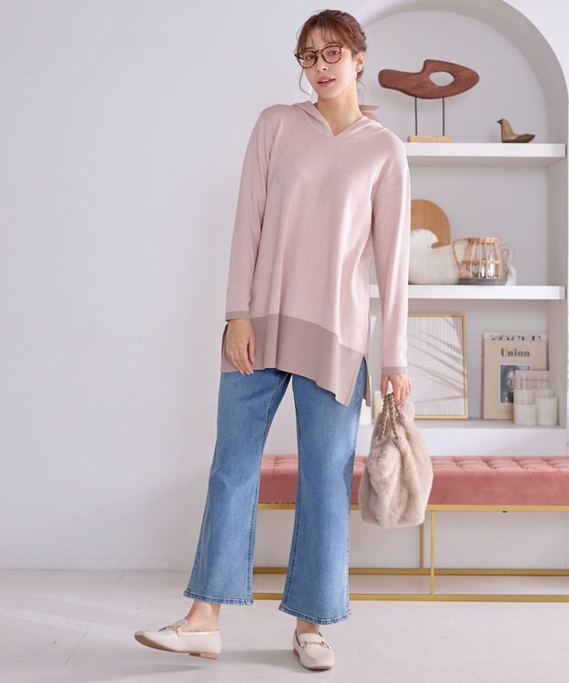 Tiaclasse L メランジ配色フーディーニットチュニック ピンク