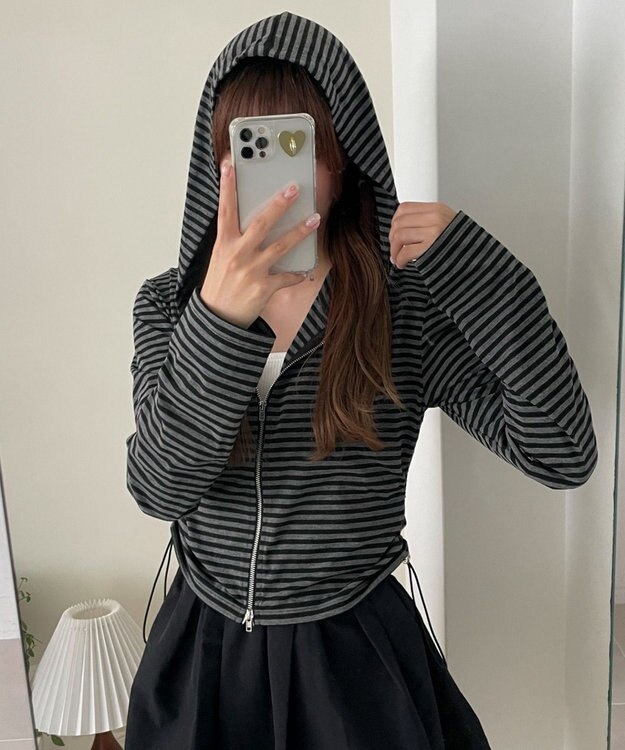 WEGO 柄Wジップパーカー グレーボーダー